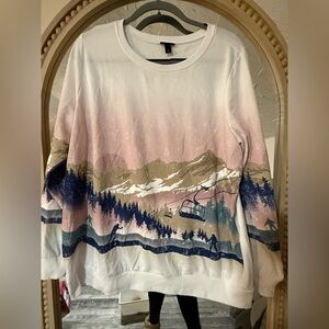 Torrid Pink and Blue Scenic Print Sweater